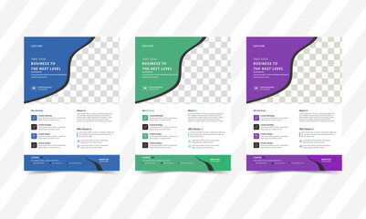 A bundle of 3 templates of different colors a4 flyer template, modern flyer template, abstract business flyer and creative design, editable vector template.
