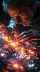 Elderly man interacts with futuristic, glowing touchscreen filled with digital information in dark, high-tech environment.