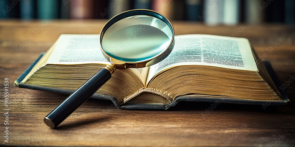 Wall mural magnifying glass on an open book on a wooden table in a library with space for text. close-up..