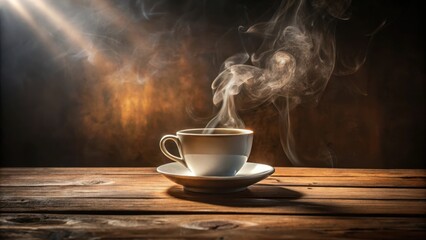 Obraz premium A hot cup of coffee steaming on a wooden table in morning sunlight in a dark room