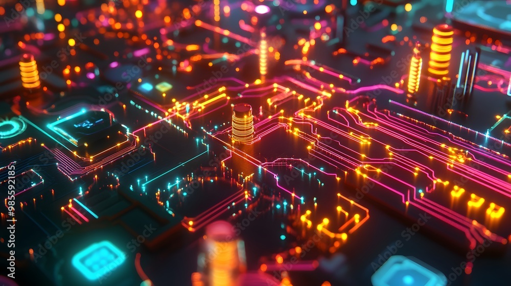 Poster An exciting, colorful diorama of machine learning infrastructure with dynamic data streams connecting neural network models, glowing brightly to symbolize innovation.