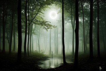 A serene misty forest scene illuminated by a full moon, with its reflection shimmering in a calm forest pond.