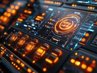 Fototapeta premium Futuristic digital interface with glowing HUD elements, showcasing advanced technology and data analysis in vibrant orange and blue hues.