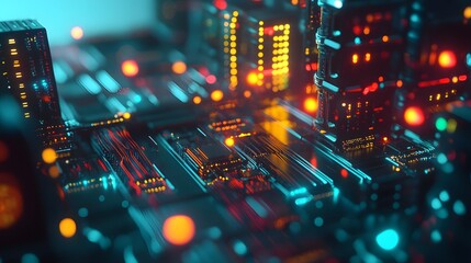 A photo of a miniature AI infrastructure model with glowing data cables and servers, creating a sense of excitement and innovation in machine learning.