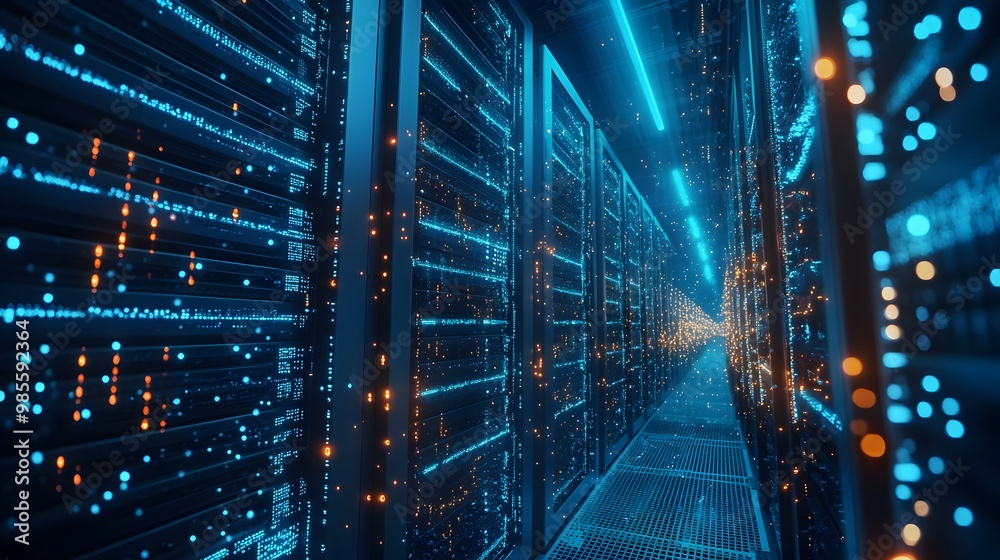 Aufkleber A diorama-style photo of a machine learning server farm, with glowing data streams connecting virtual machines, symbolizing the exciting innovation in AI technology.