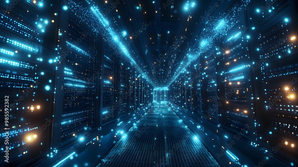 Aufkleber A diorama-style photo of a machine learning server farm, with glowing data streams connecting virtual machines, symbolizing the exciting innovation in AI technology.
