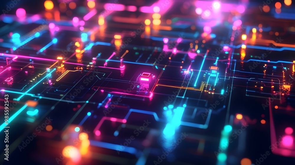 Poster A vibrant diorama illustration of interconnected machine learning systems, glowing with dynamic colors and representing the excitement of AI-driven innovation.