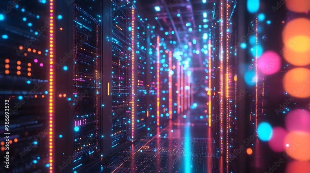 Aufkleber A photo of a futuristic, miniature machine learning infrastructure with glowing data paths and servers, symbolizing the excitement and innovation of AI technology.