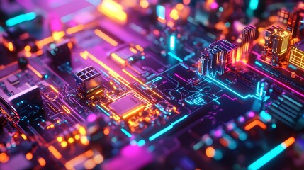 Obraz premium A vibrant diorama illustration of interconnected machine learning systems, glowing with dynamic colors and representing the excitement of AI-driven innovation.