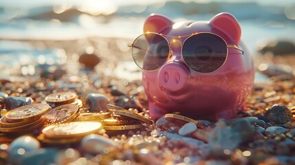  Pink Piggy Bank with Sunglasses Relaxing on a Beach in Summer