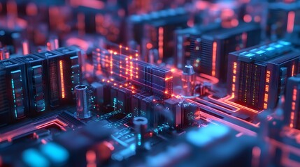 A miniature diorama of machine learning data centers, with flowing energy and data streams between servers, creating an exciting scene of technological innovation.