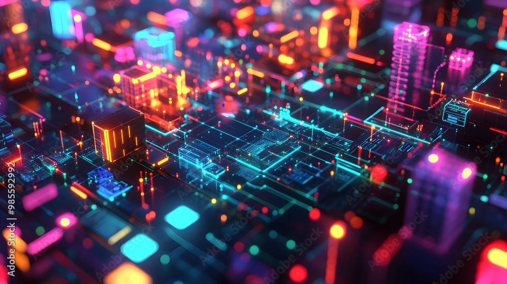 Poster An abstracted, dynamic diorama of machine learning infrastructure, with colorful glowing servers, neural networks, and data flows that convey excitement and innovation.