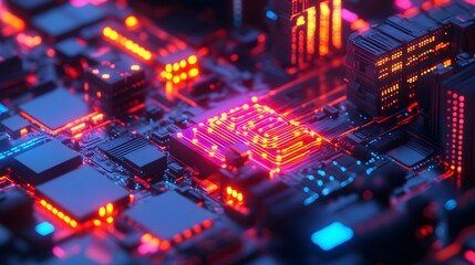Fototapeta premium A vibrant photo of a miniature machine learning infrastructure with glowing servers and data pathways, symbolizing the excitement of cutting-edge innovation.