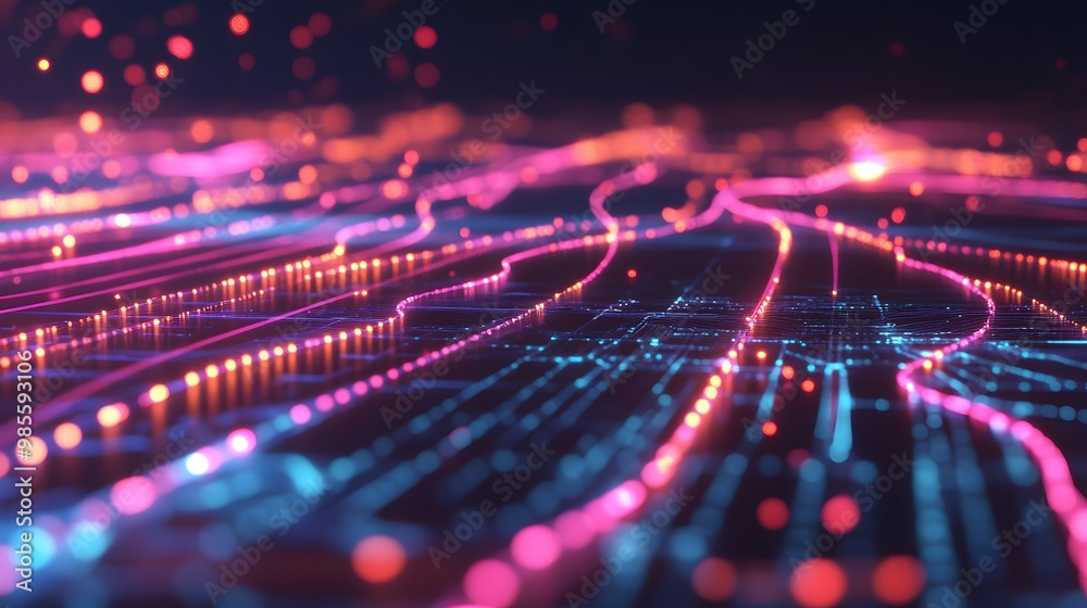 Poster An abstract digital diorama depicting machine learning infrastructure, with brightly glowing data streams connecting server clusters, evoking innovation and excitement.
