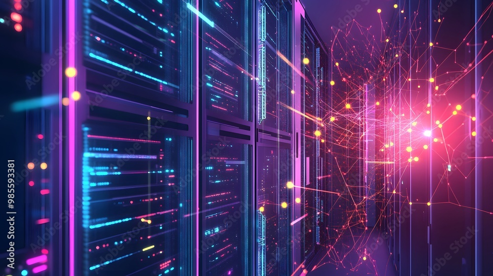 Poster An abstract illustration of machine learning infrastructure, where virtual servers and data lines glow with excitement, symbolizing the innovative future of AI technology.