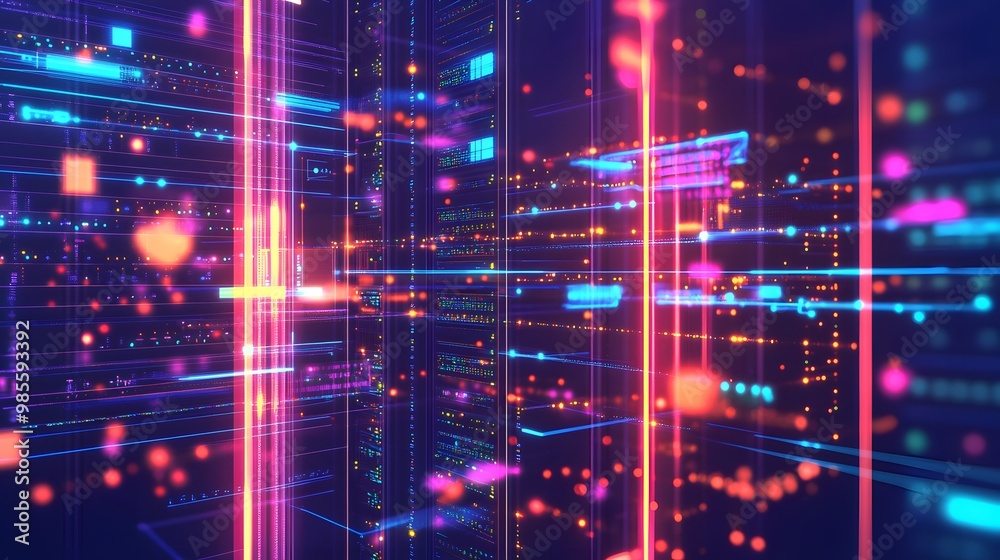 Poster A detailed illustration of machine learning infrastructure with glowing data pipelines, server racks, and neural networks connected in an exciting web of innovation.