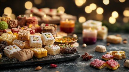 Fototapeta premium A vibrant image capturing the joyous tradition of exchanging sweets during Diwali, showcasing colorful treats and festive elements that symbolize love, togetherness, and celebration.