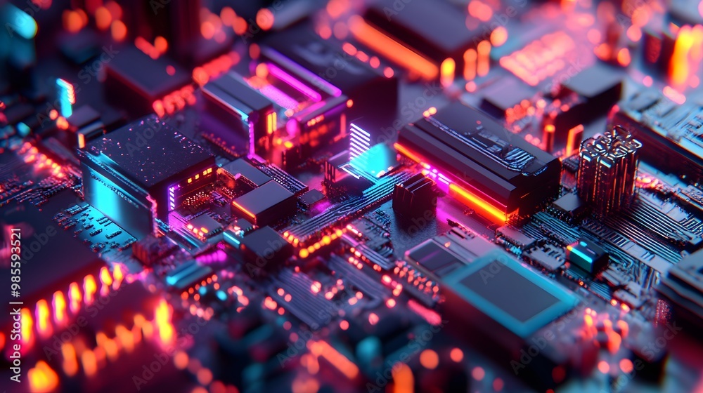 Poster a futuristic, abstracted diorama showing interconnected machine learning hardware, glowing with vibr