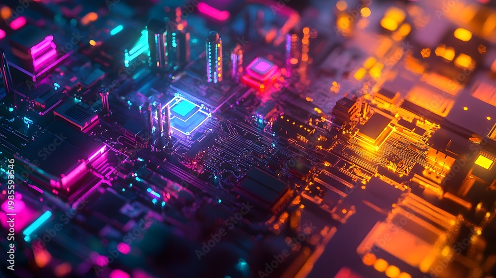 Poster a futuristic, abstracted diorama showing interconnected machine learning hardware, glowing with vibr