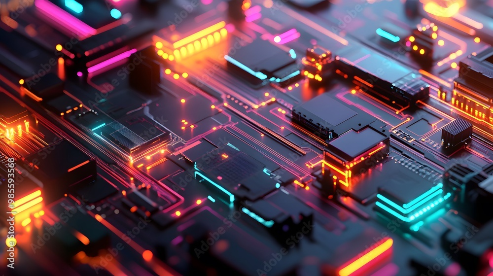 Poster a futuristic, abstracted diorama showing interconnected machine learning hardware, glowing with vibr