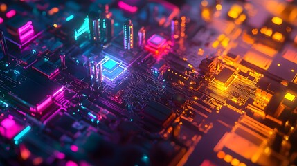 A futuristic, abstracted diorama showing interconnected machine learning hardware, glowing with vibrant colors and representing the excitement of technological advancement.