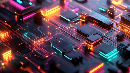 A futuristic, abstracted diorama showing interconnected machine learning hardware, glowing with vibrant colors and representing the excitement of technological advancement.