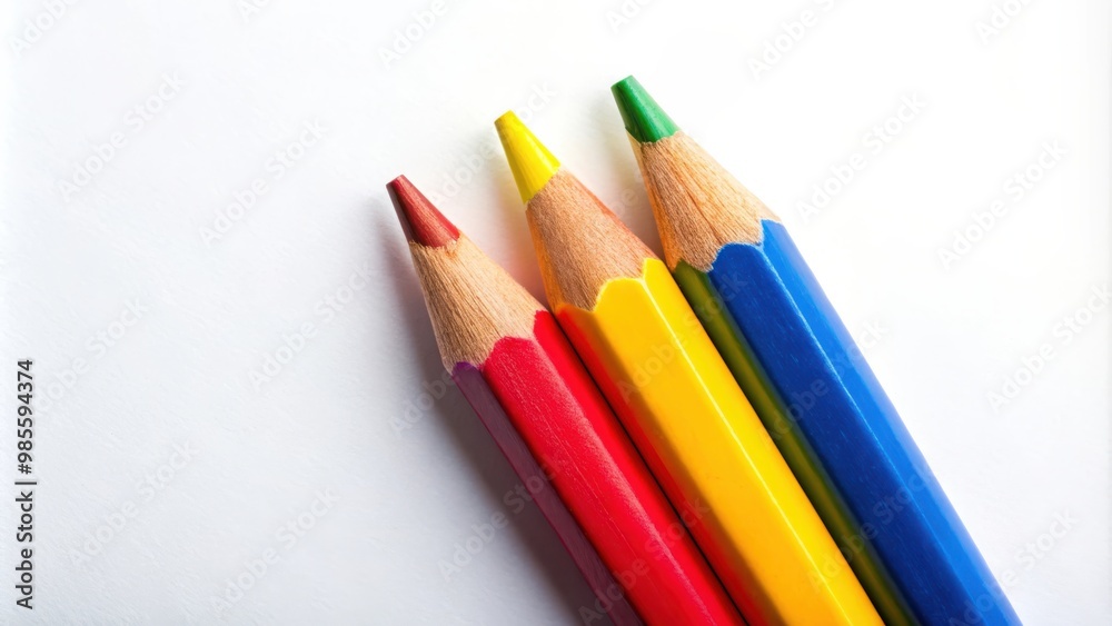 Poster top view of three vibrant color pencils on a white background