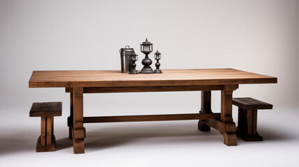 Rustic Wooden Table with Benches and Vintage Lanterns