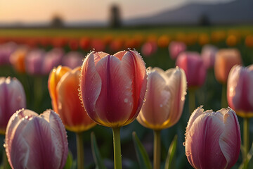 Dew Kissed Tulips at Sunrise. Vibrant Spring Blooms in Close Up. Natural beauty, Morning light.