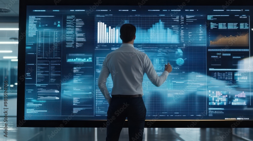 Poster a businessman standing in front of a large presentation screen, analyzing sales data and discussing 