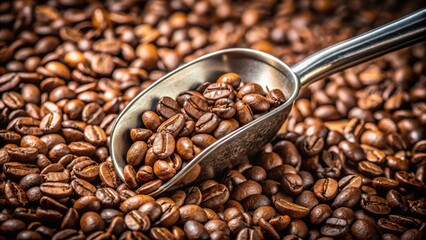 Fototapeta premium Close-up of coffee beans being scooped with a metal scoop