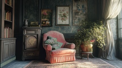 A cozy sitting area offers a place to unwind and read a book in a comfortable armchair surrounded by silk dry.