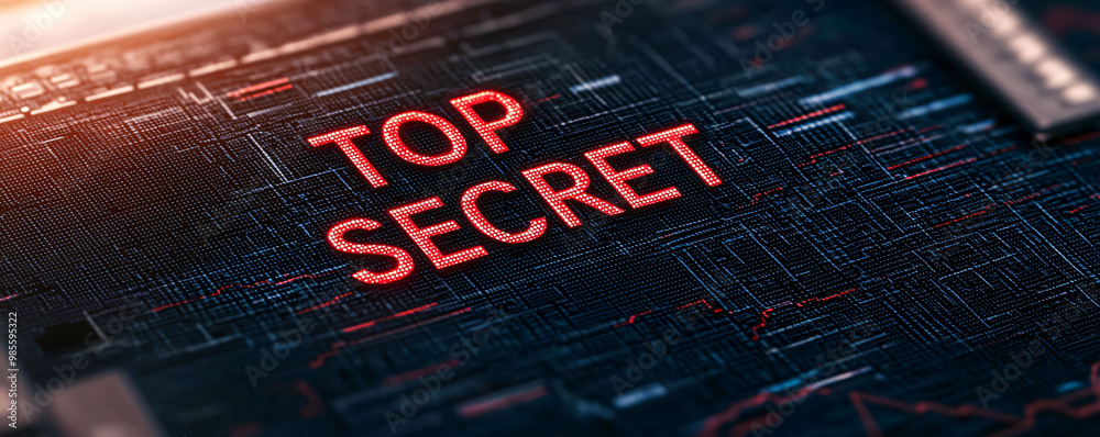 Poster top secret document displayed on computer screen, showcasing high tech digital interface with intric