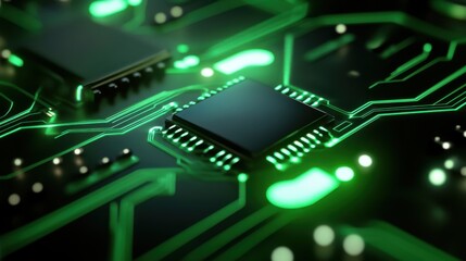 Green futuristic backdrop with glowing circuits and complex patterns, creating a sleek and advanced visual space