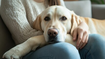 Obraz premium A therapy dog comforting a person with a disability during a therapy session illustrating the emotional support the animal offers in a professional setting Stock Photo with copy space