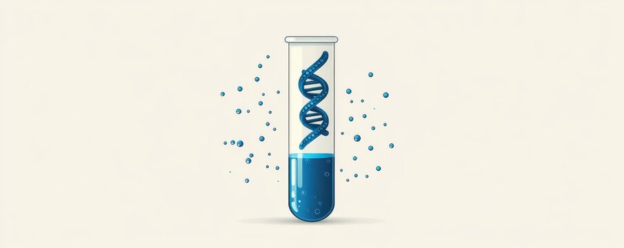 Scientific test tube with blue liquid and floating DNA strand, conveying biotechnology and genetic research themes