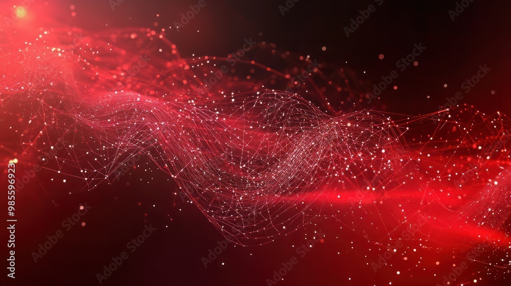Poster abstract red tech background with digital waves, dynamic network system, artificial neural connectio