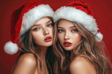 Fashion Portrait of two beautiful young women in Santa Claus hats over Christmas background. Female Santa Claus. with generative ai
