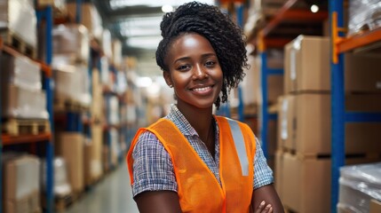 African Woman in orange vest in logistics center, horizontal banner. Smiling portrait, copy space, job offer.