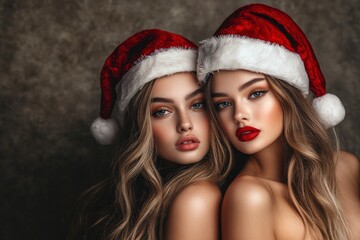 Fashion Portrait of two beautiful young women in Santa Claus hats over Christmas background. Female Santa Claus. with generative ai