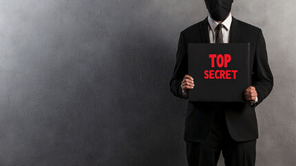 Obraz premium A businessman in suit holds sign marked TOP SECRET, conveying sense of mystery and confidentiality. dark background enhances serious tone of image