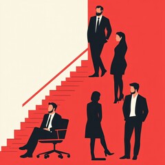 Fototapeta premium BaFinance, success and business. Vector business people standing and sitting in a chair, approaching the office, stairs symbolizing the way to success for a poster or cover
