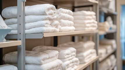Neatly arranged white towels stacked on shelves, showcasing cleanliness and organization in a modern bathroom or spa setting.
