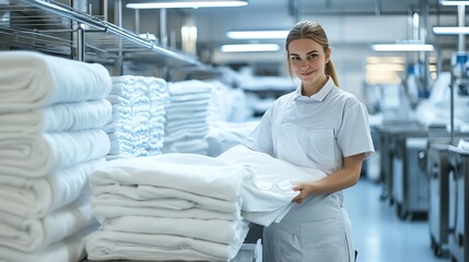 A young woman in a tidy uniform organizes freshly laundered towels in a commercial laundry facility, promoting cleanliness and order.