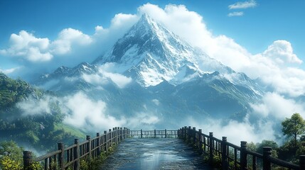 A stone path leads to a breathtaking vista of a snow-capped mountain peak, surrounded by fluffy clouds and verdant slopes