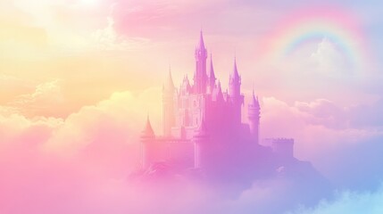 Fototapeta premium A pastel castle under bright sunshine, with a softly glowing rainbow in the sky, placed against a dynamic futuristic backdrop, vector art