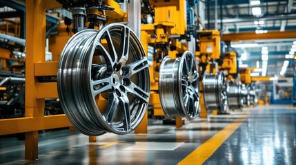 A large industrial building with two wheels hanging from the ceiling
