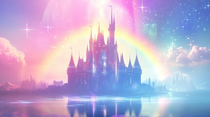 Fototapeta premium Beautiful pastel castle glowing under the sun, with a soft rainbow in the sky, against a dynamic futuristic background, creating a magical effect, vector art