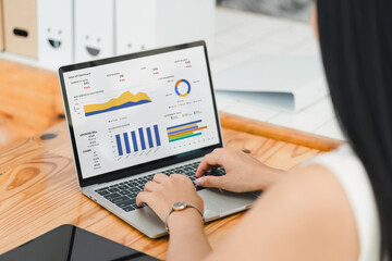 Businesswoman or an accountant team are analyzing data charts, graphs, and a dashboard on a laptop...
