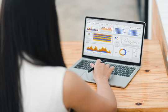 Businesswoman or an accountant team are analyzing data charts, graphs, and a dashboard on a laptop screen in order to prepare a statistical report and discuss financial data in an office.